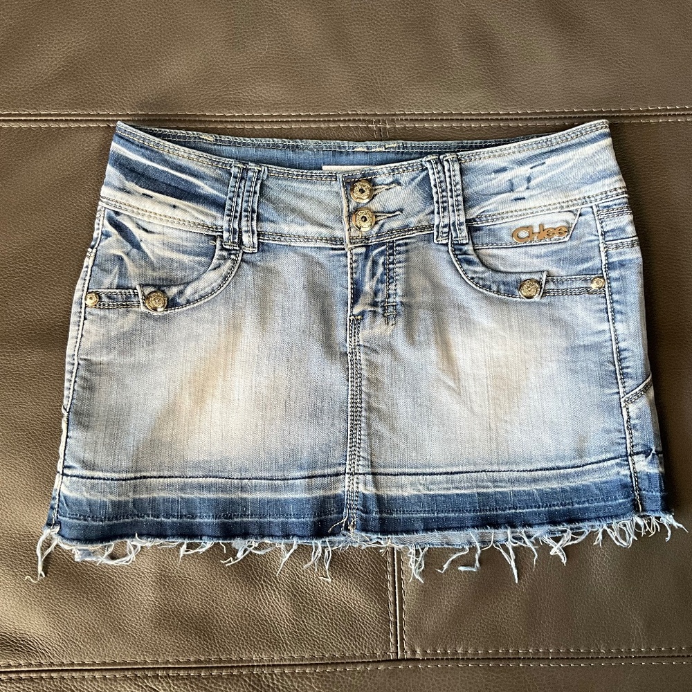 GOURD Jeans Y2K Denim Micro Mini Skirt Fringe Hippie Boho Distressed Blue 28 M